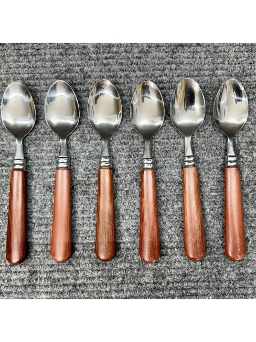 Faberware Silverware Lot Of 6 Spoons Faux Wood Brown Handle Set Oval Vintage - Picture 1 of 7